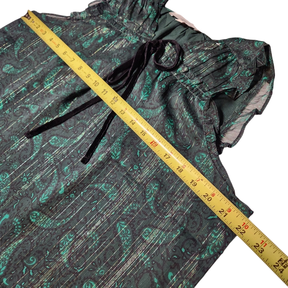 Loft Sheer Green Black Shimmer Velvet Tie Neck Ruffle Sleeveless‎ Blouse Top L - Picture 14 of 15